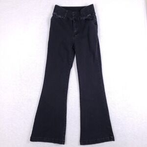 CHICME High Waisted Flare Jean M Black Smocked Waist Triple Button Stretch Retro